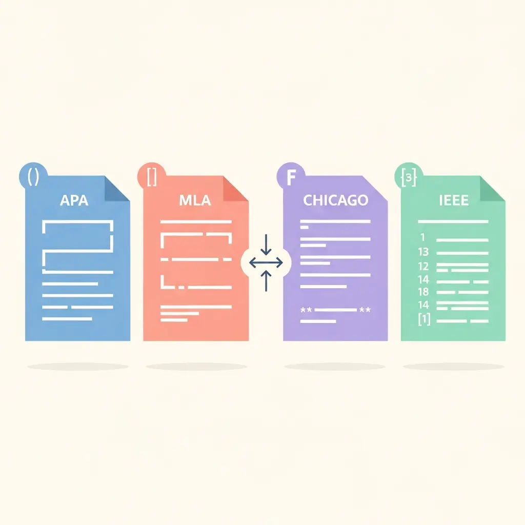 Comparativa visual de los cuatro formatos de citación académica APA MLA Chicago e IEEE para referencias de inteligencia artificial