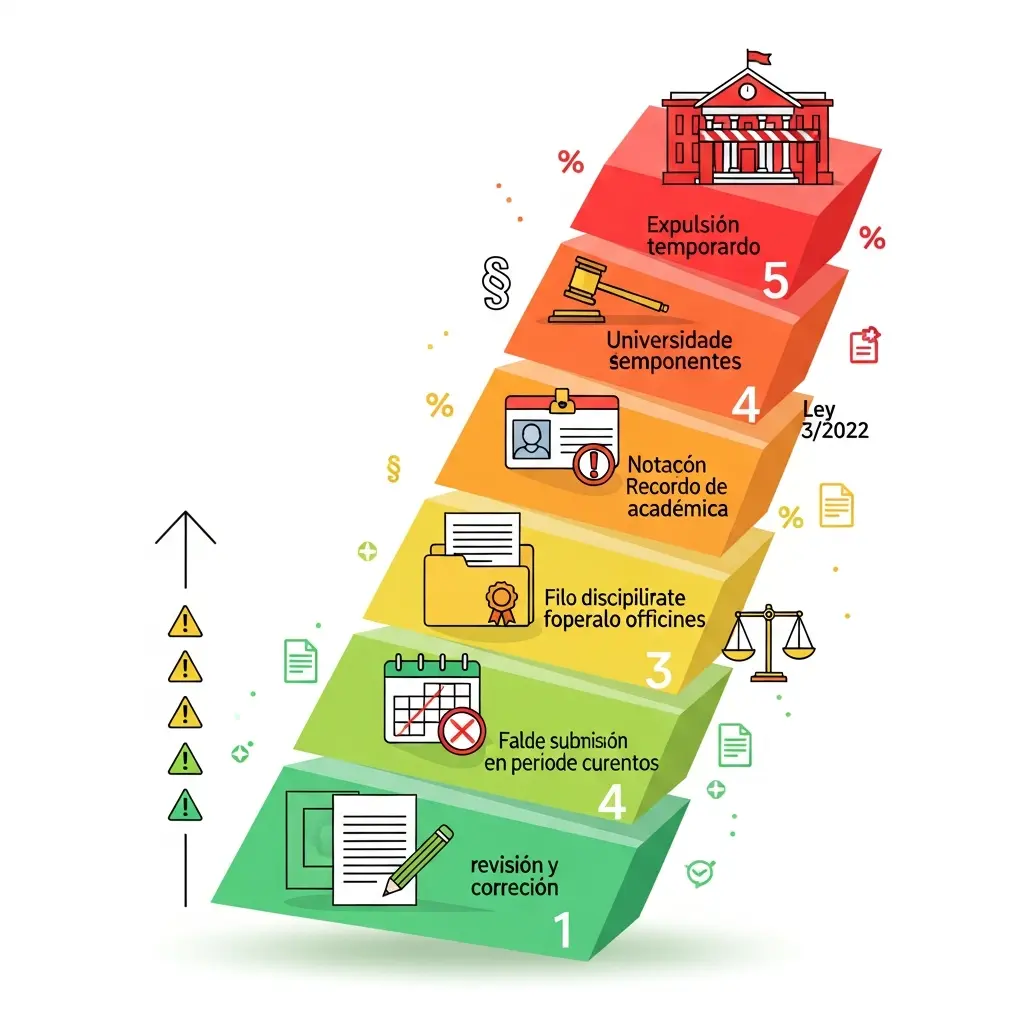 Infografía que muestra las 5 consecuencias del autoplagio en universidades españolas en orden de gravedad: revisión, suspenso, expediente disciplinario, anotación en expediente y expulsión temporal