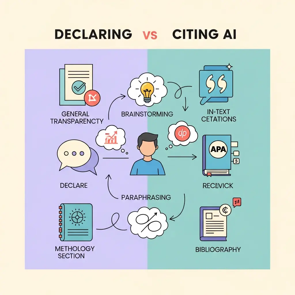 Infografía comparativa entre declarar y citar IA en trabajos universitarios españoles