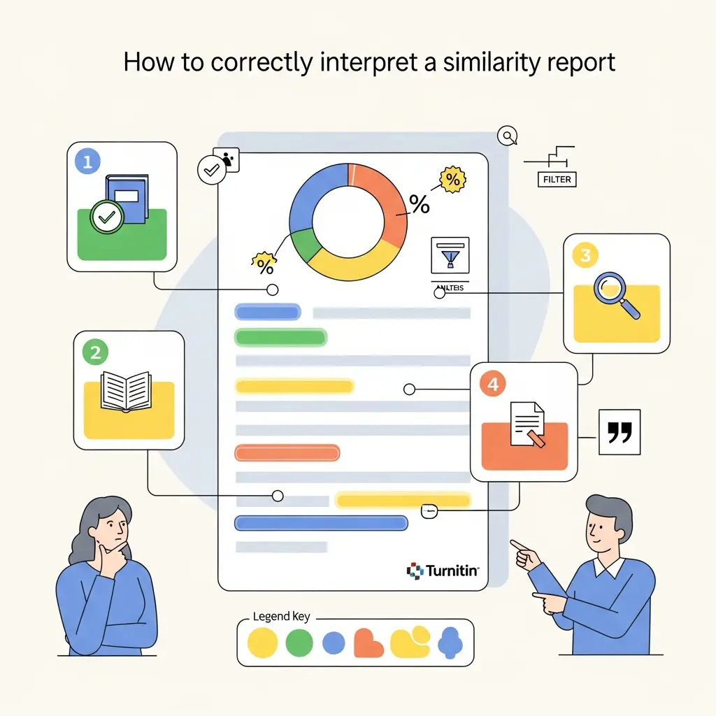 Ilustración que muestra cómo interpretar correctamente un informe de similitud de Turnitin, con diferentes colores indicando citas legítimas, áreas de revisión y autoplagio real