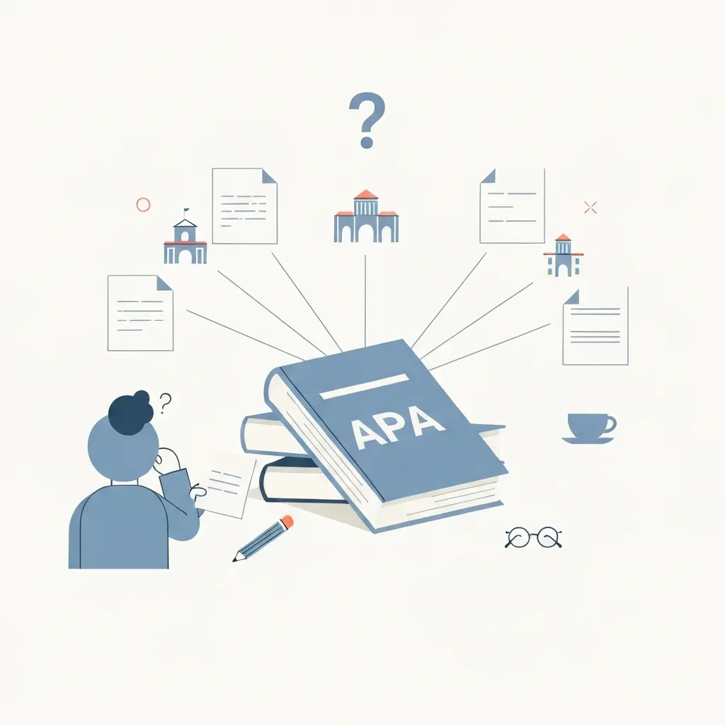 Estudiante universitario español revisando normas APA en su tesis con guías y documentos académicos