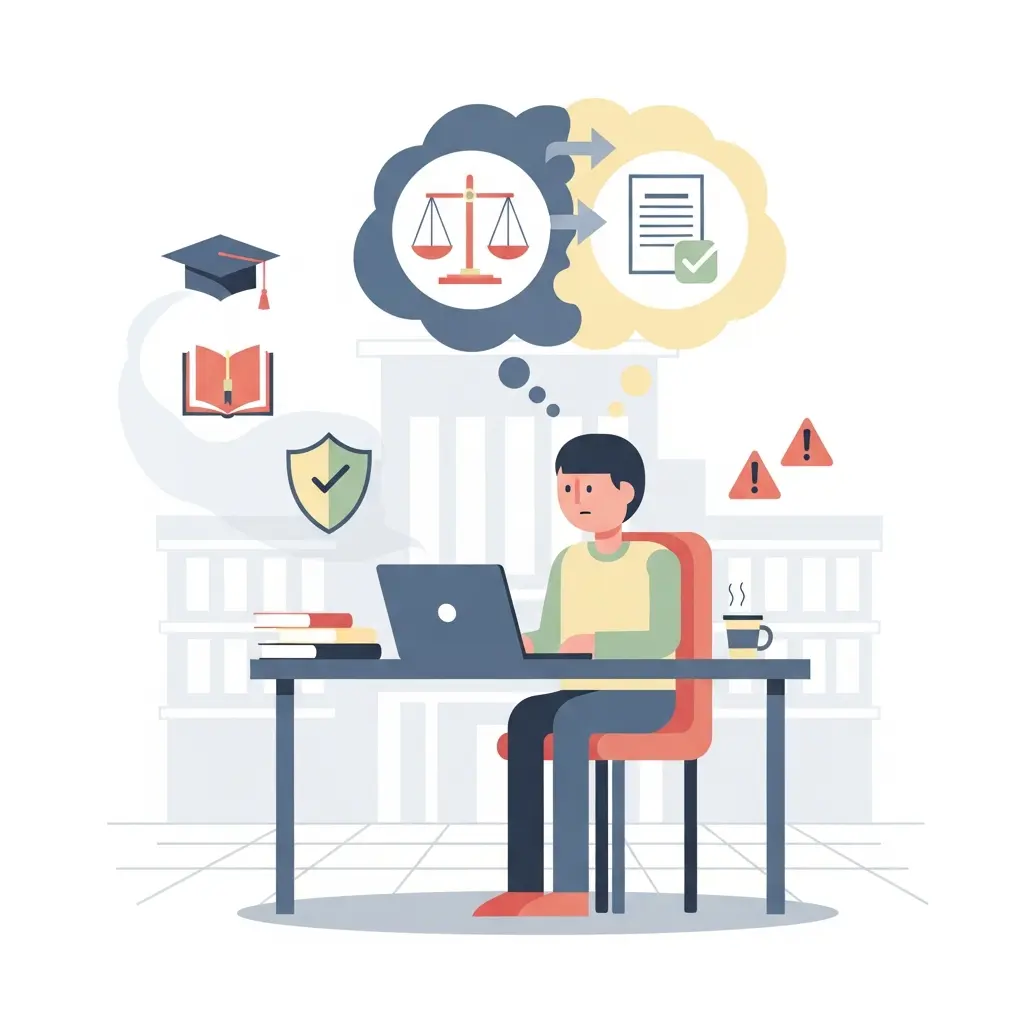 Estudiante universitario revisando los límites del uso de inteligencia artificial en su tesis académica con normativas UNESCO y COPE