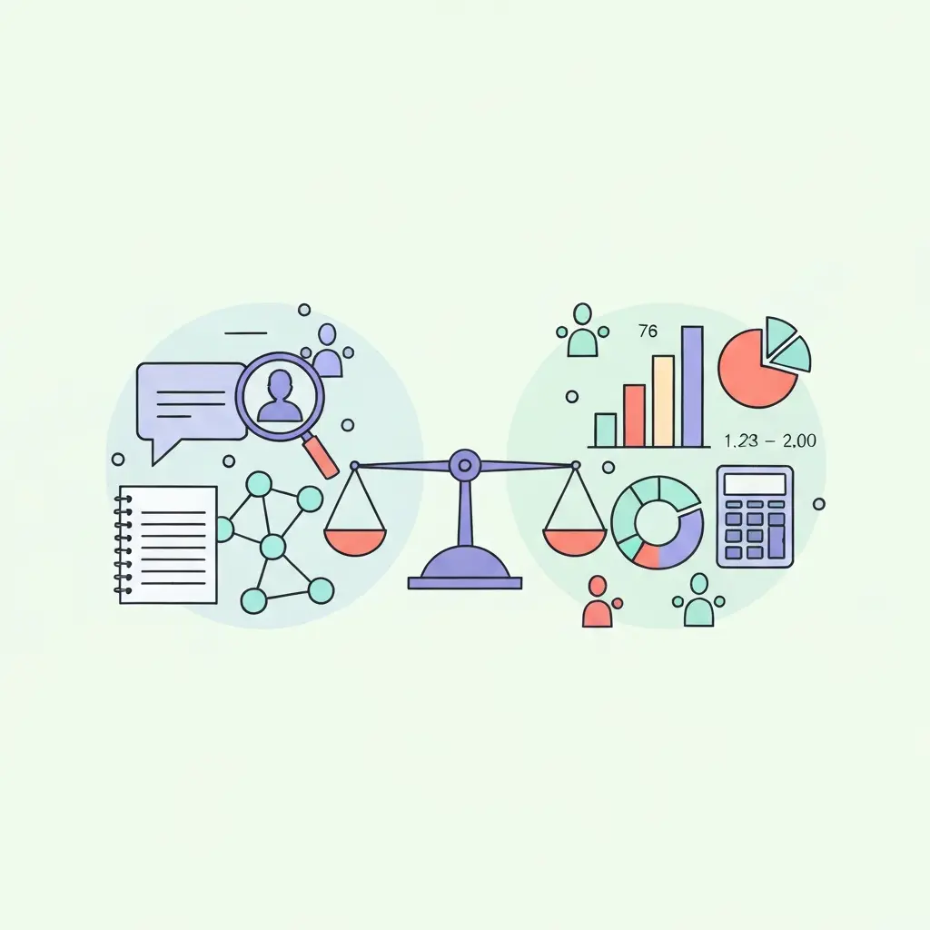 Comparación visual entre metodología cualitativa y cuantitativa mostrando sus diferentes propósitos y técnicas en investigación de ciencias sociales