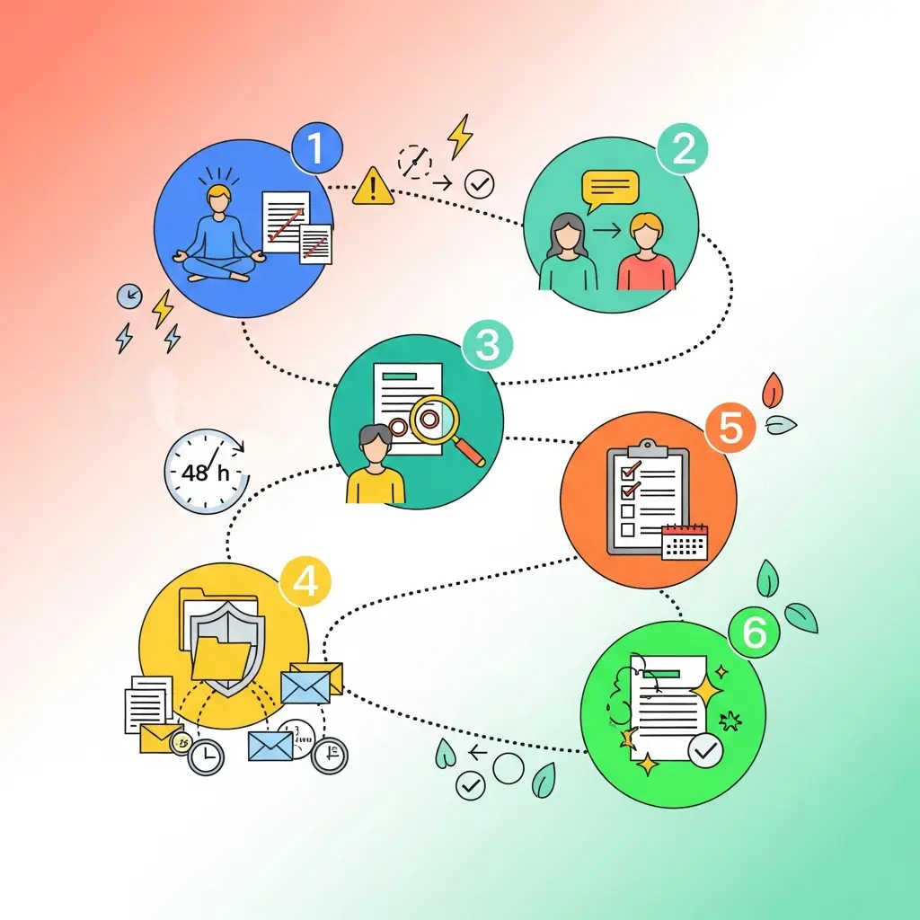 Diagrama de flujo mostrando los 6 pasos del protocolo de emergencia tras detección de autoplagio: mantener calma, analizar informe, contactar tutor, preparar defensa, presentar plan de corrección y ejecutar cambios