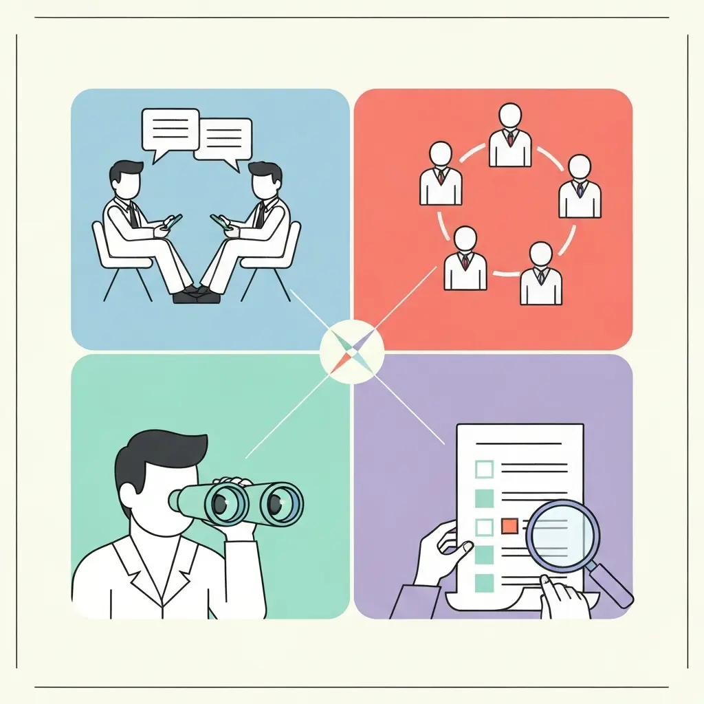 Ilustración comparativa de técnicas de investigación cualitativa: entrevistas semiestructuradas, grupos focales, observación participante y análisis de contenido