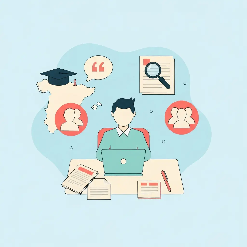 Ilustración de metodología de investigación cualitativa para TFG en España mostrando estudiante con elementos de entrevistas, grupos focales y análisis de contenido