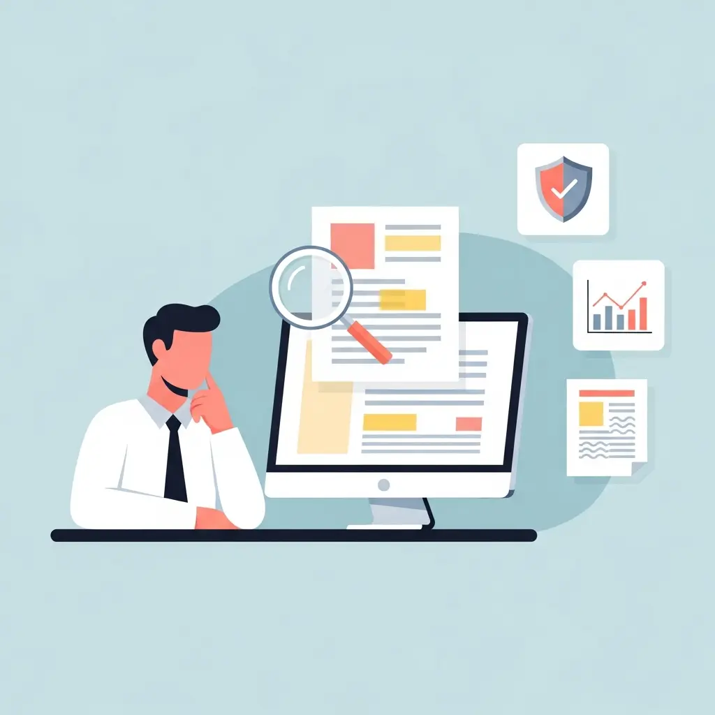 Ilustración de tutor universitario analizando un documento con herramientas de detección de IA, mostrando patrones estadísticos y señales de verificación académica