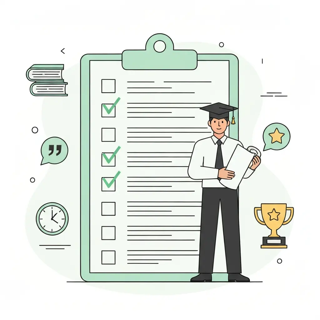 Estudiante con toga sosteniendo su tesis junto a una lista de verificación con casillas marcadas en verde, representando la finalización exitosa