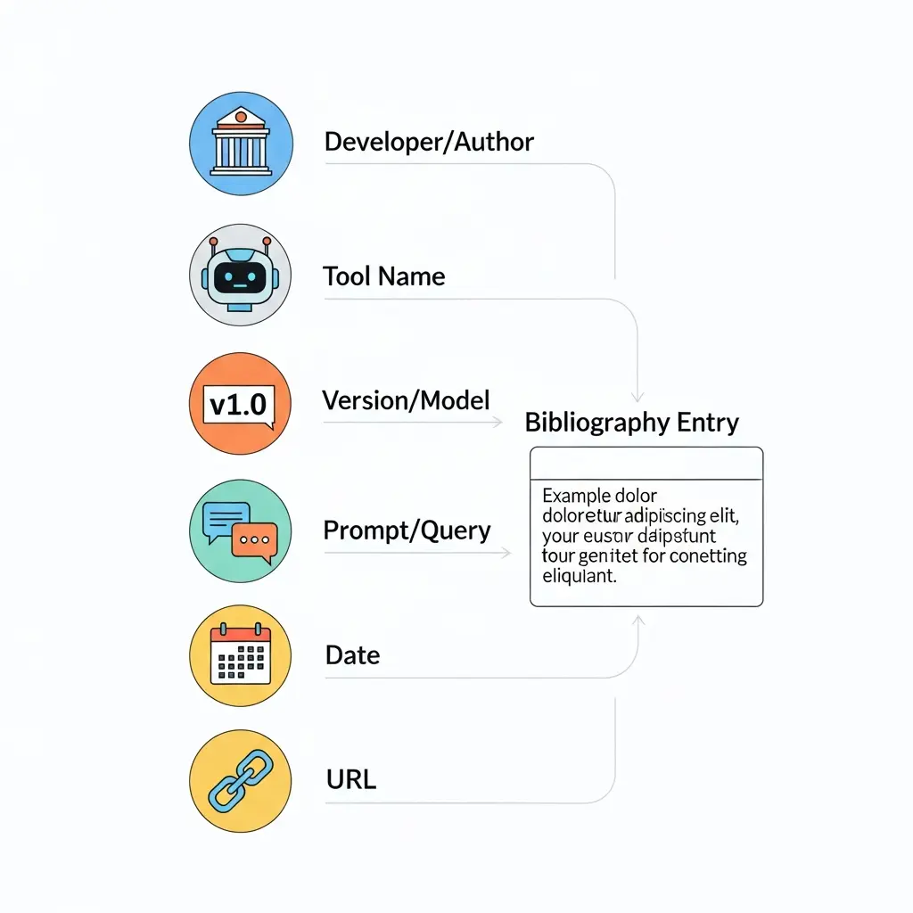 Diagrama de elementos esenciales para citar herramientas de IA correctamente