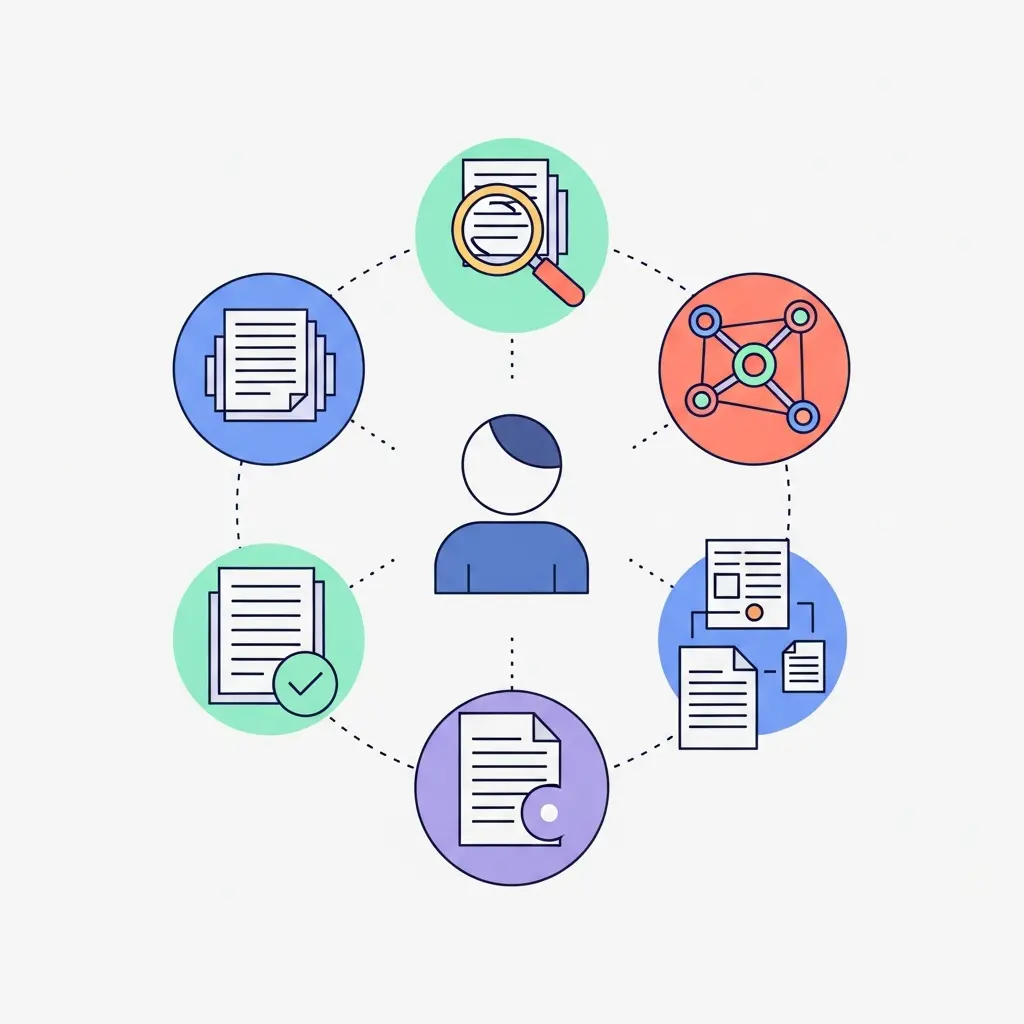 Ecosistema de herramientas IA para doctorandos mostrando iconos de búsqueda bibliográfica, mapeo de citas y verificación de referencias conectados alrededor de un investigador