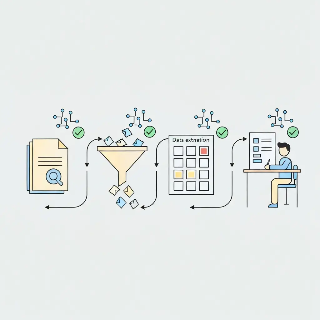 Diagrama de flujo mostrando las fases de una revisión de literatura con asistencia de IA: búsqueda, filtrado, extracción de datos y síntesis final, con validación humana en cada etapa