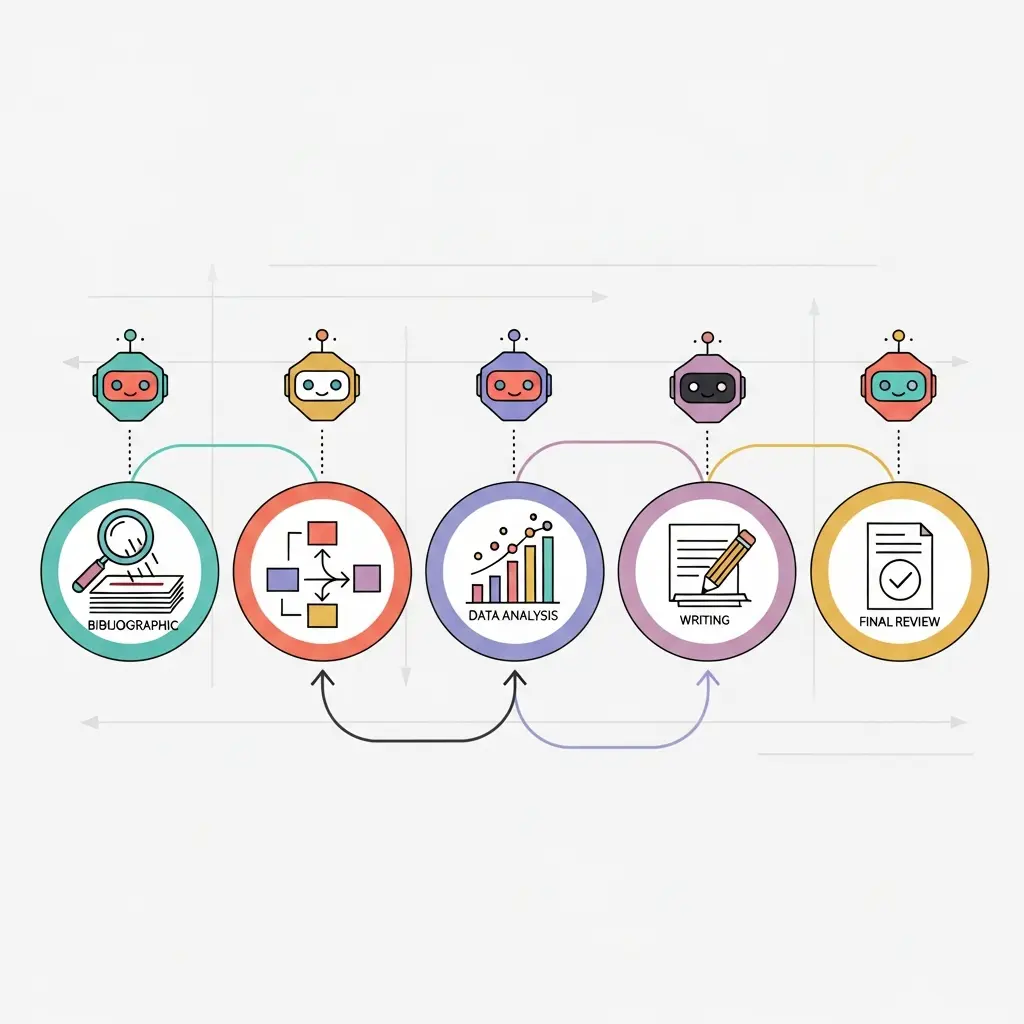 Flujo de trabajo de investigación doctoral con asistencia de IA en cada fase