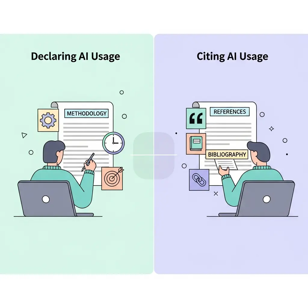 Comparación visual entre declarar y citar el uso de IA en trabajos académicos