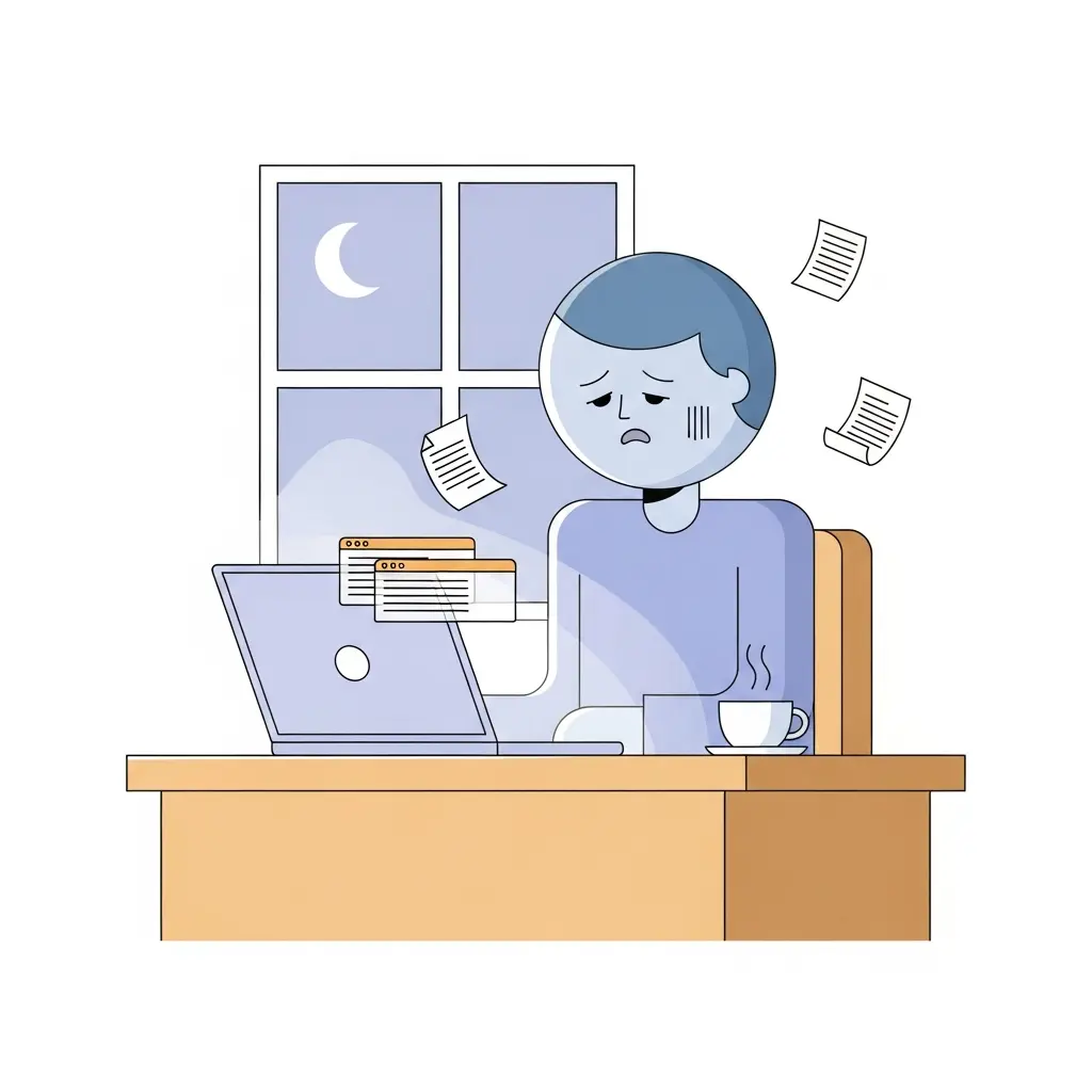 Doctorando agotado investigando de madrugada frente al ordenador con múltiples pestañas abiertas y café, representando los desafíos de la investigación doctoral tradicional