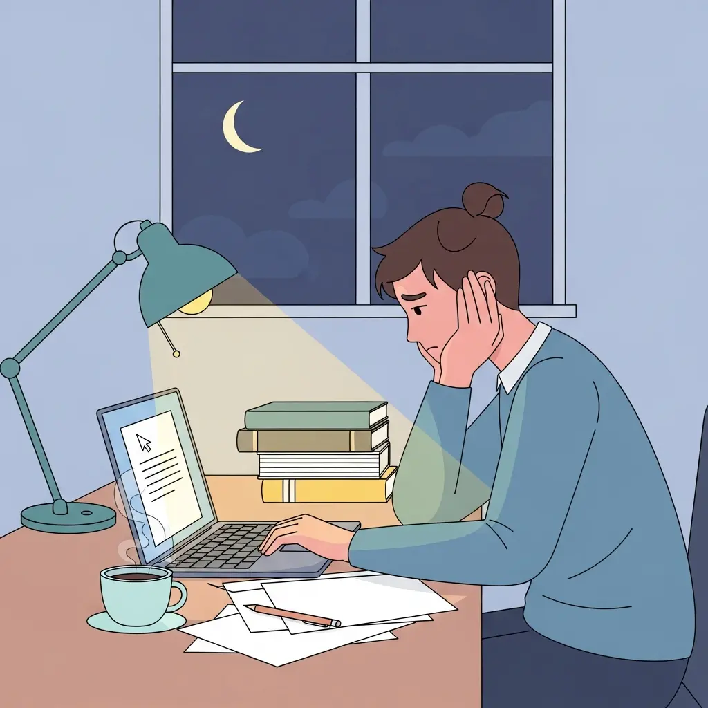 Doctorando agotado frente al ordenador a altas horas de la noche