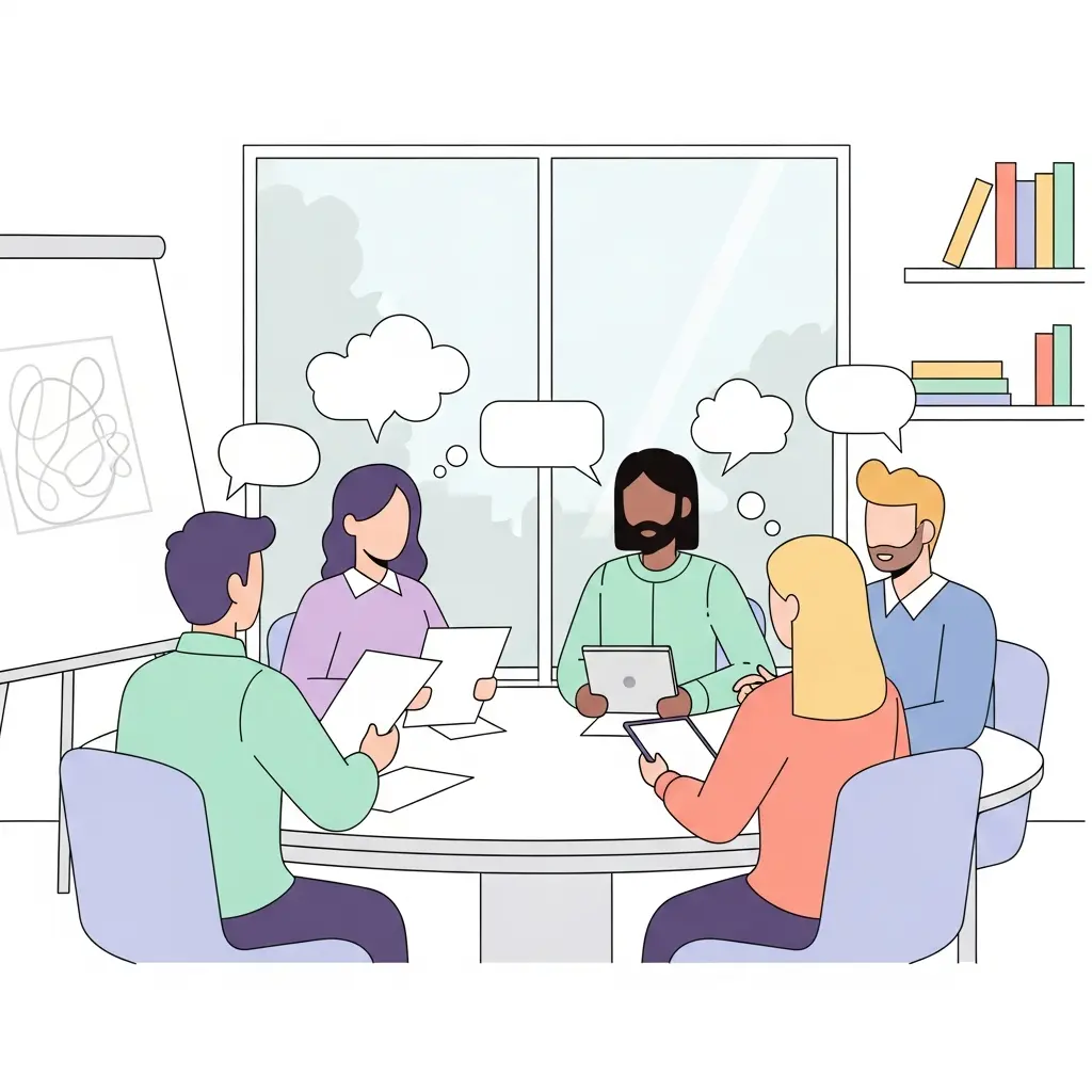 Grupo de doctorandos colaborando y compartiendo ideas en una sesión de trabajo