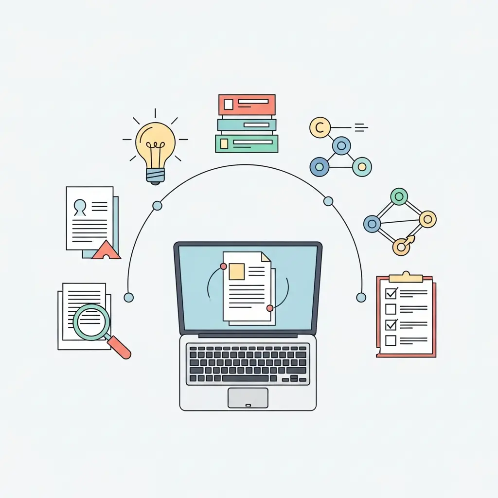 Flujo de trabajo digital moderno para escribir una tesis doctoral con herramientas organizadas alrededor de un portátil