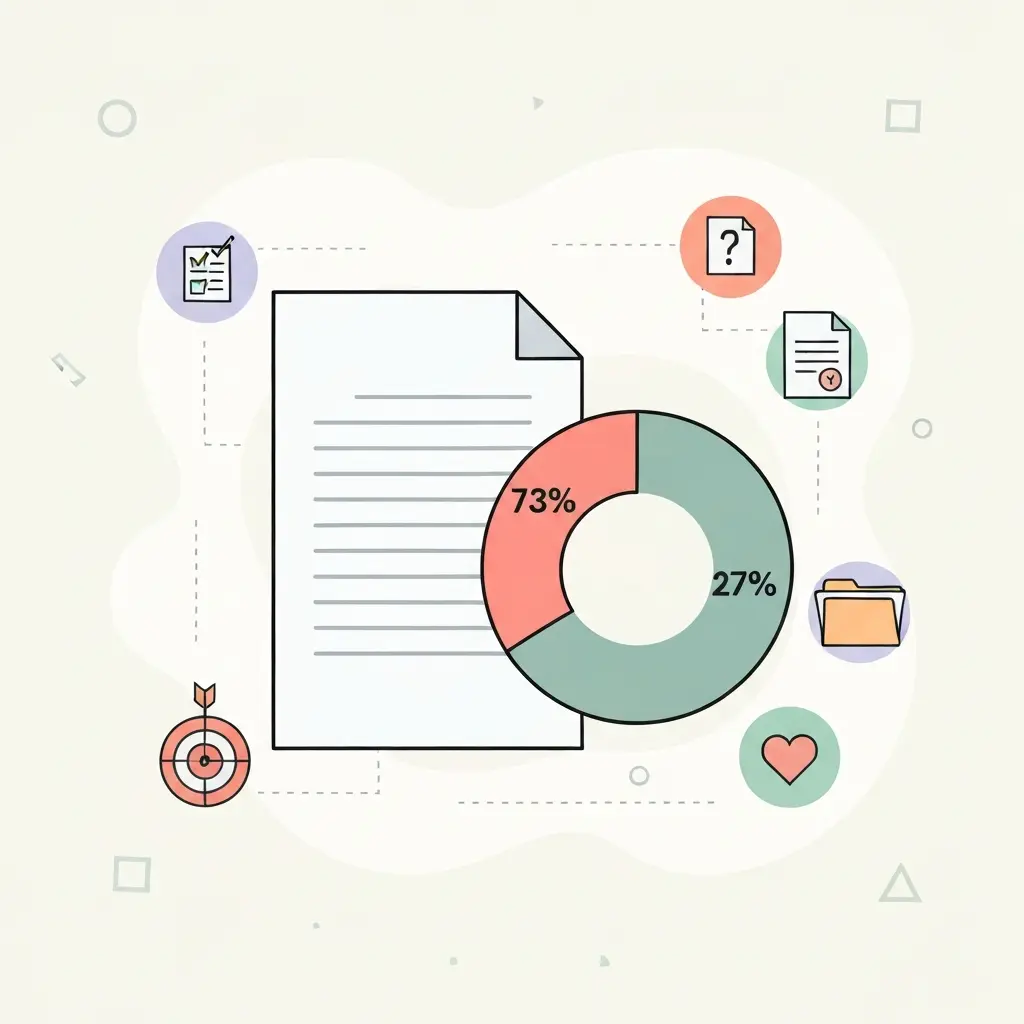 Diagrama educativo mostrando estadísticas de evaluación de tesis doctorales con gráfico circular del 73% e iconos de secciones críticas olvidadas