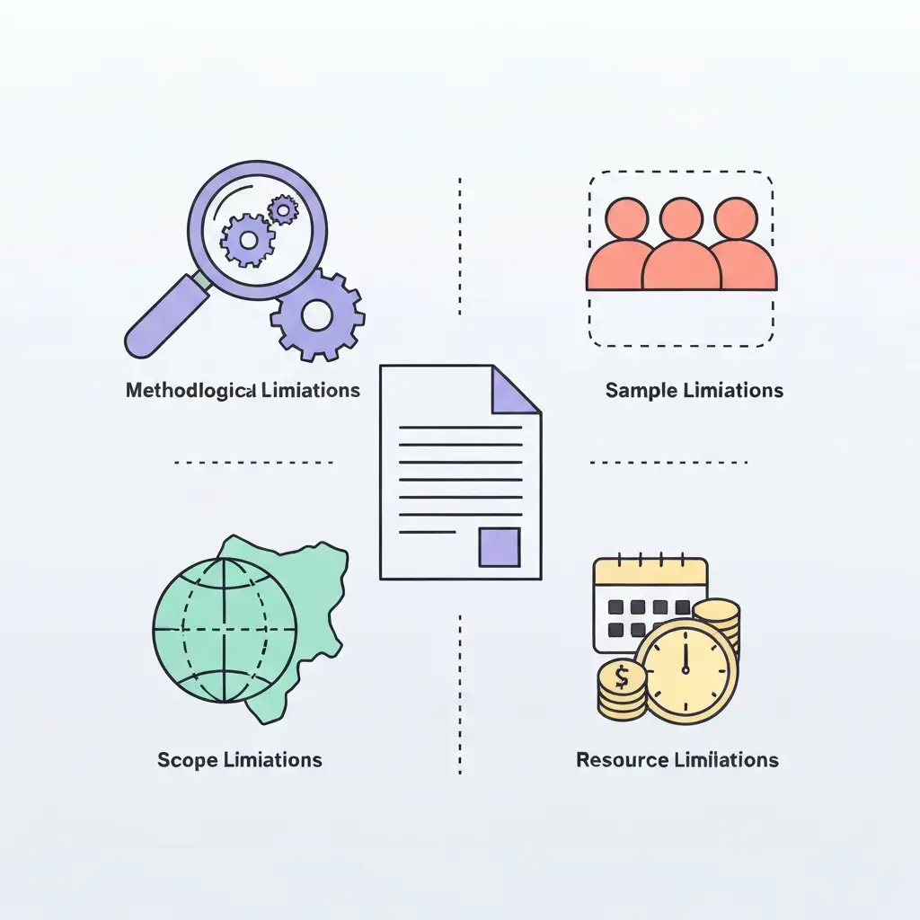 Diagrama de los cuatro tipos de limitaciones en investigación doctoral: metodológicas, de muestra, de alcance y de recursos
