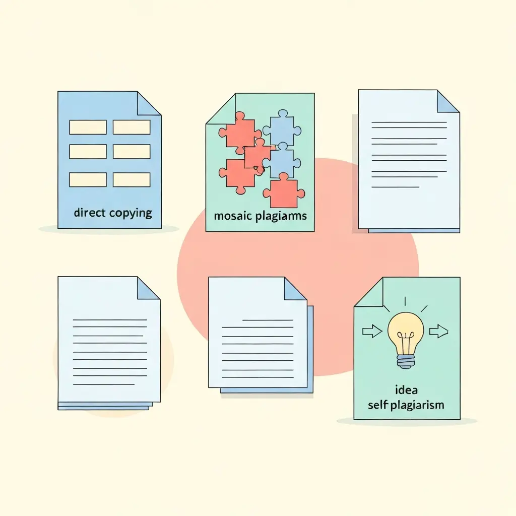 Ilustración de los cinco tipos de plagio académico: directo, mosaico, parafraseo inadecuado, autoplagio y plagio de ideas