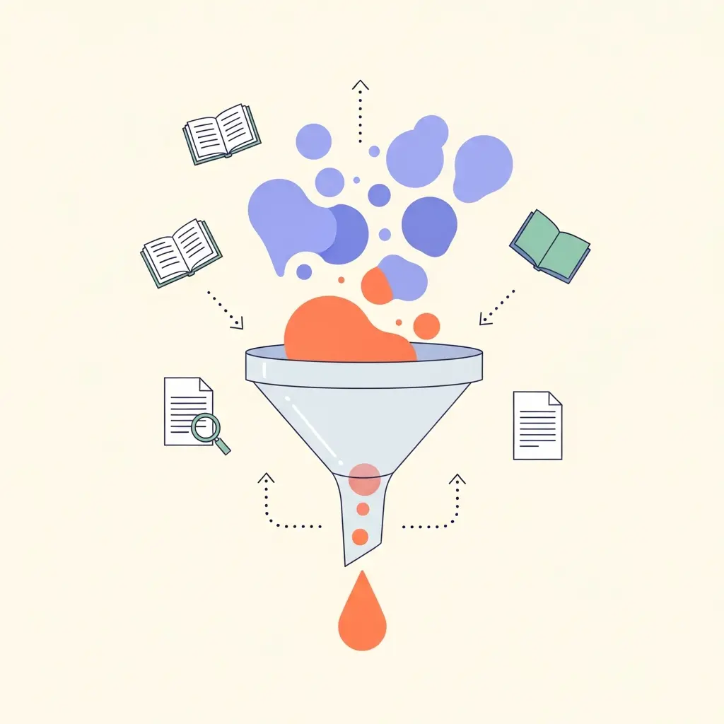 Concepto visual de embudo mostrando cómo acotar un tema de investigación hasta identificar el gap específico