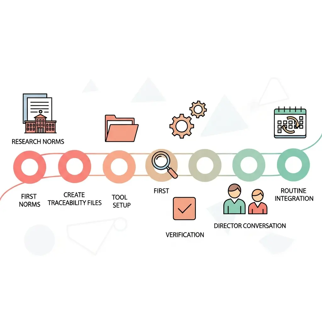 Plan de implementación de 7 días para usar IA en investigación doctoral, mostrando una línea temporal con hitos para normativa, trazabilidad, configuración, búsqueda, verificación y conversación con director