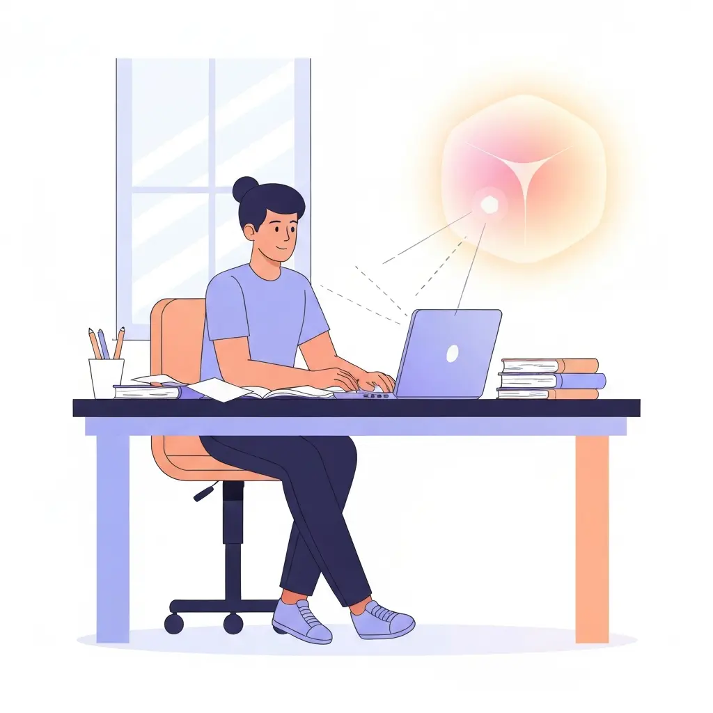 Estudiante universitario trabajando con un asistente de IA representado como una forma geométrica brillante junto a su portátil