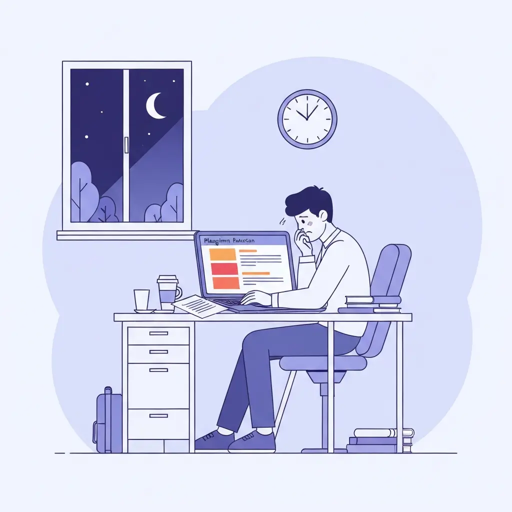 Estudiante universitario trabajando de noche frente a su portátil revisando un informe de plagio con secciones marcadas en colores