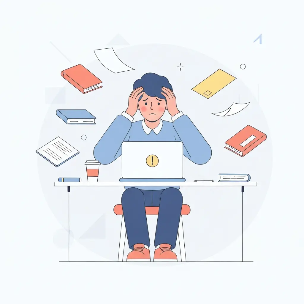 Estudiante universitario estresado frente al ordenador preocupado por detección de plagio en su tesis