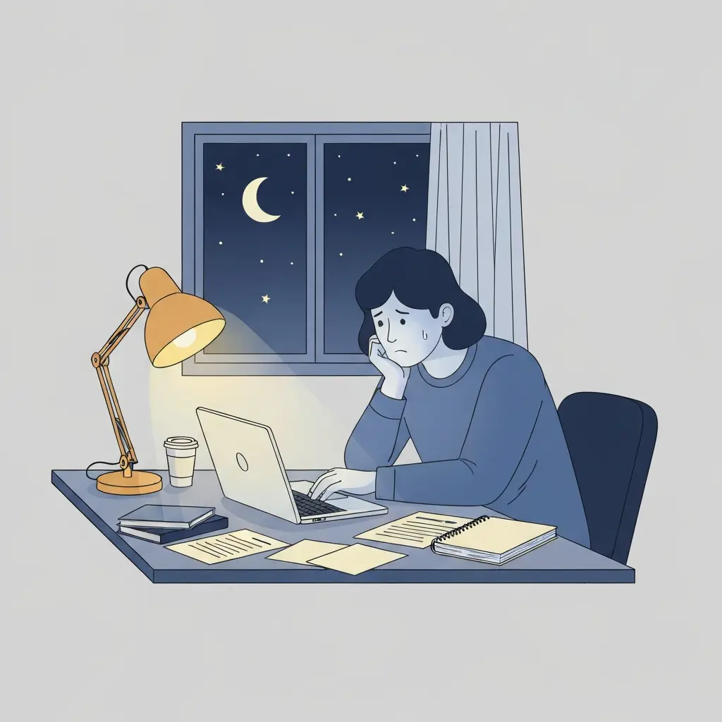 Estudiante universitario trabajando de noche en su tesis, iluminado por la luz del portátil