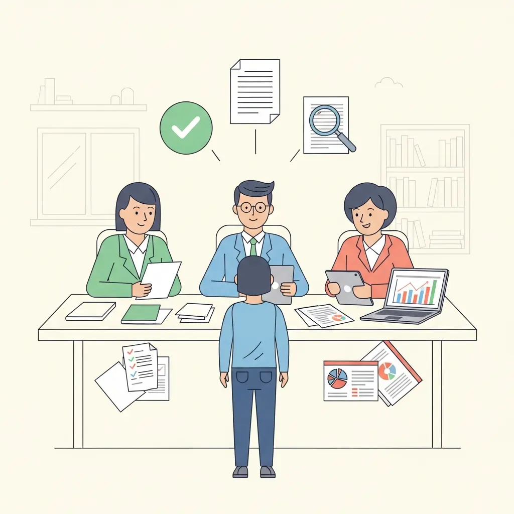 Ilustración de un estudiante ante un tribunal académico siendo evaluado