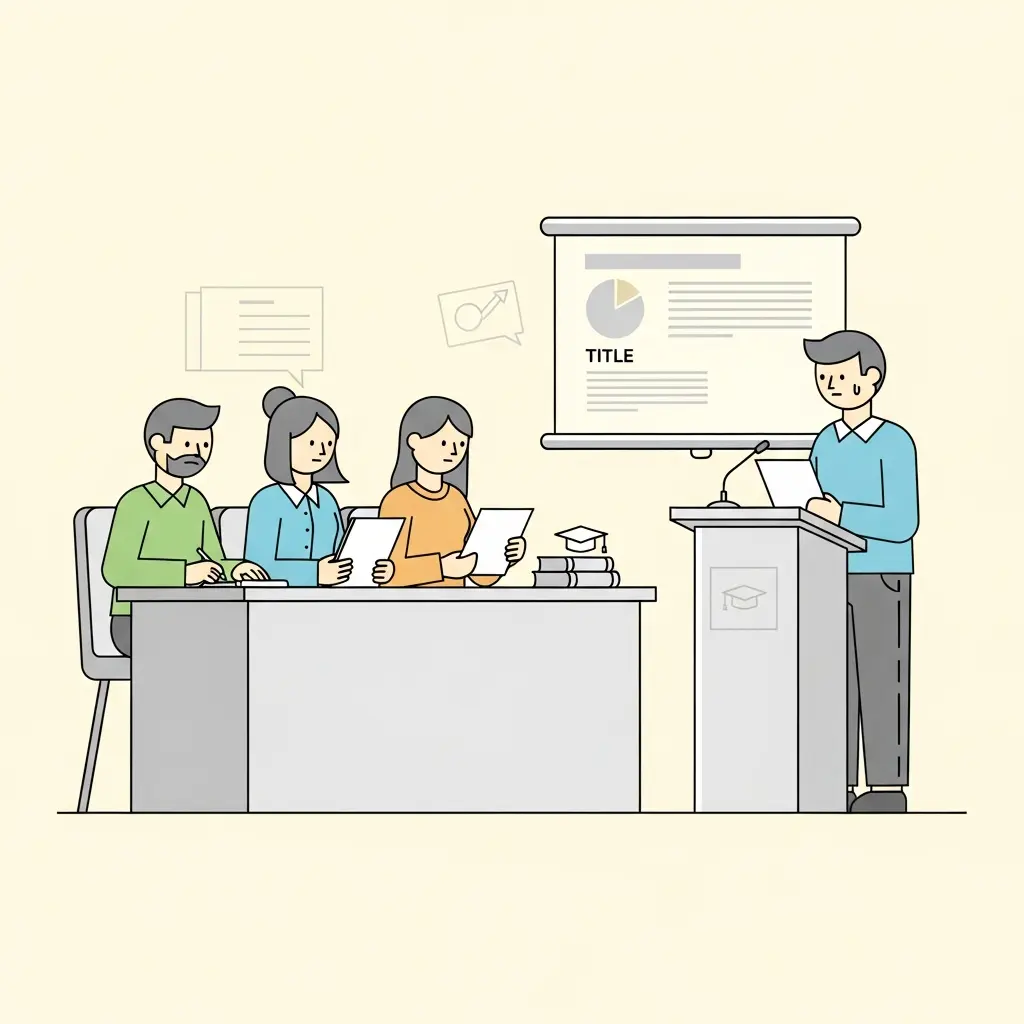 Ilustración de defensa de TFM con estudiante frente a tribunal académico evaluador