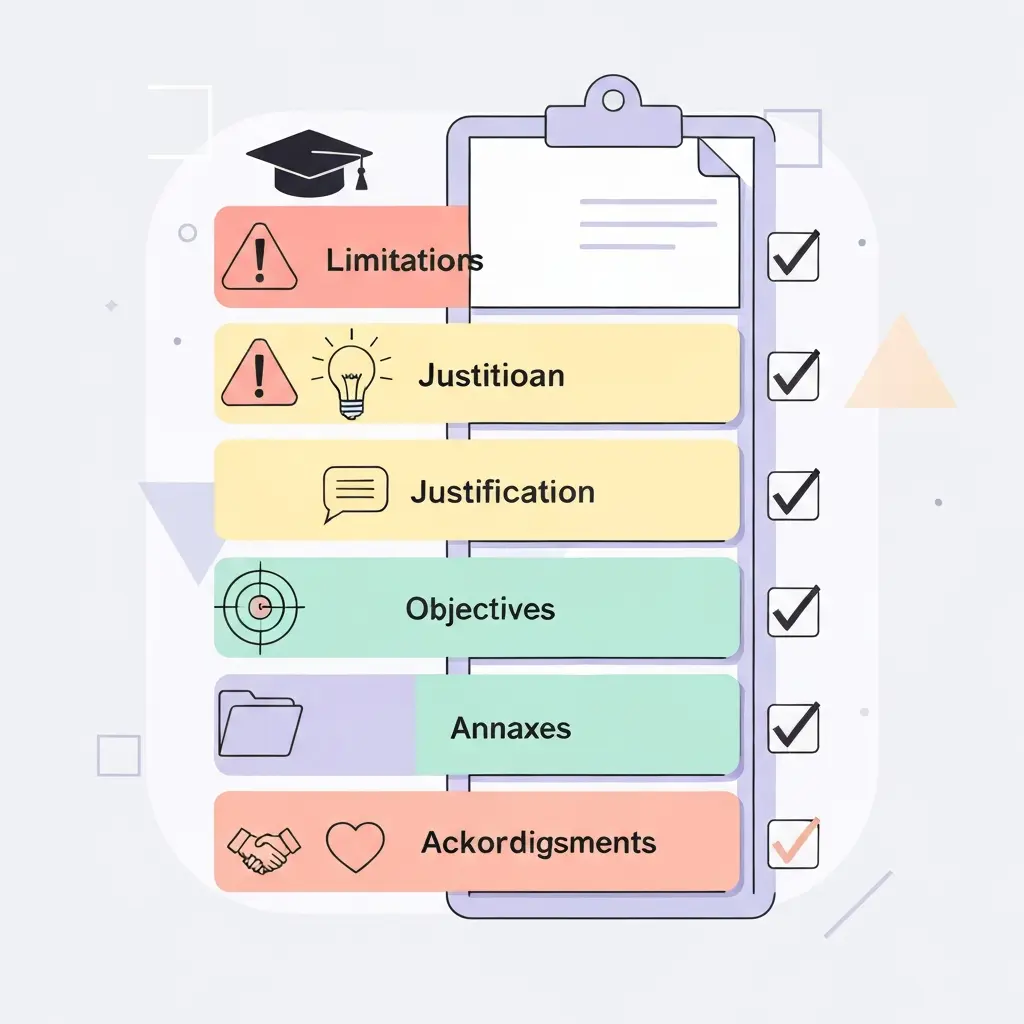 Checklist visual de las cinco secciones críticas de evaluación de tesis doctoral: limitaciones, justificación, objetivos, anexos y agradecimientos