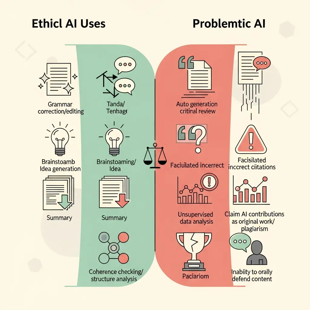 Comparación visual de usos éticos seguros versus usos problemáticos de inteligencia artificial en investigación doctoral