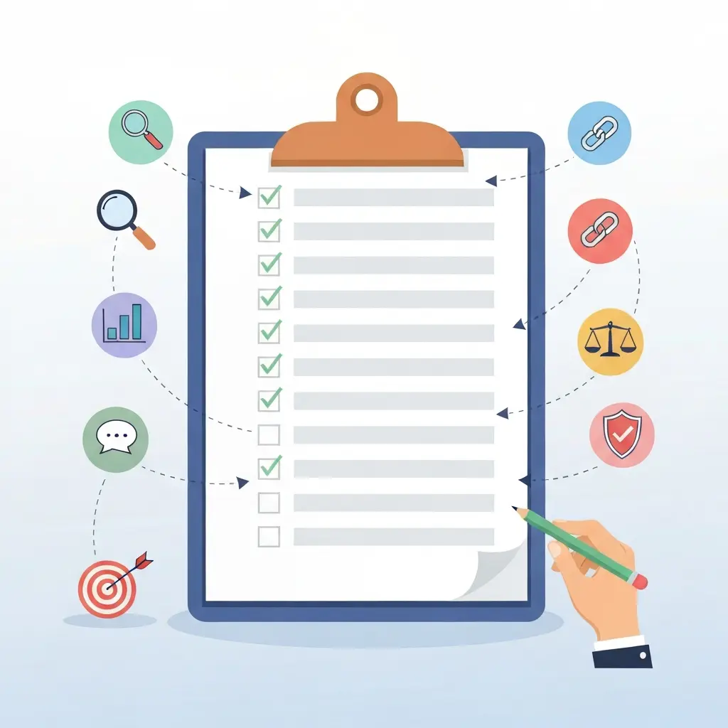 Ilustración de una checklist de revisión para el capítulo de resultados de una tesis doctoral con iconos de verificación de calidad, coherencia y alineación con objetivos