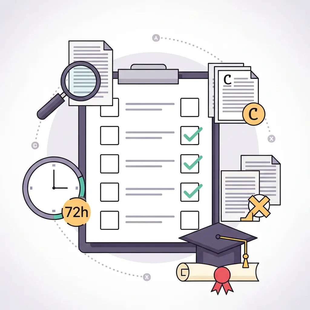 Ilustración de checklist de verificación antiplagio con elementos visuales que representan revisión de similitud, verificación de bibliografía, calendario mostrando revisión 72 horas antes de entrega y símbolos de comparación de documentos