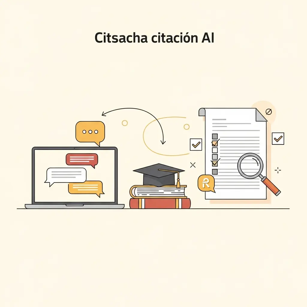 Ilustración conceptual de cómo citar inteligencia artificial en trabajos académicos españoles con laptop, libros y documento de citación