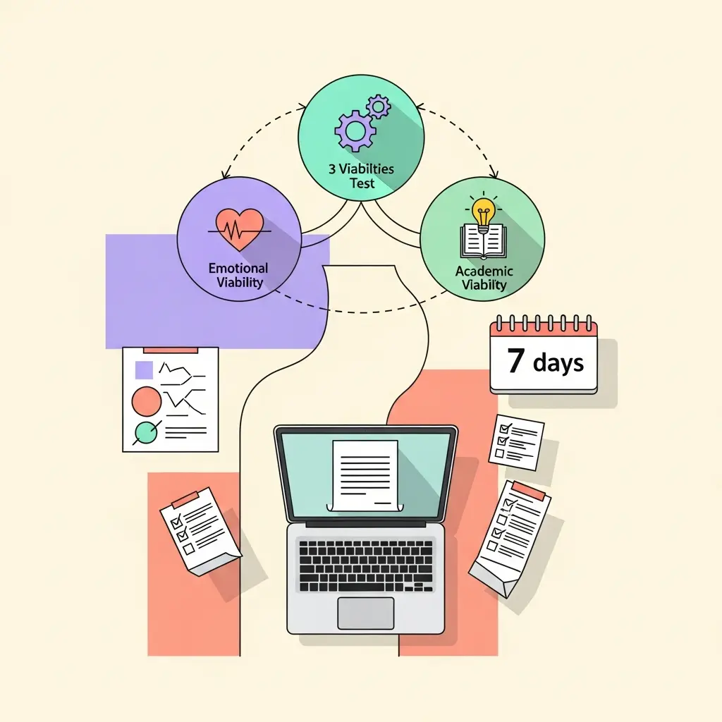 Ilustración del método de las 3 viabilidades para comenzar una tesis doctoral: viabilidad emocional, práctica y académica representadas en un espacio de trabajo organizado con calendario de 7 días