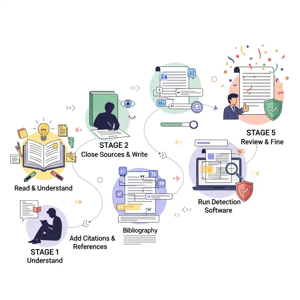 Ilustración del plan de acción en 5 pasos para evitar plagio en una tesis: leer y comprender, cerrar fuentes y escribir, añadir citas, ejecutar detección de plagio y revisión final