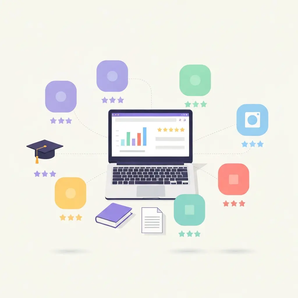 Comparativa visual de 7 herramientas de inteligencia artificial para escribir tesis universitarias, mostrando iconos de aplicaciones con indicadores de valoración y elementos académicos como libros y documentos