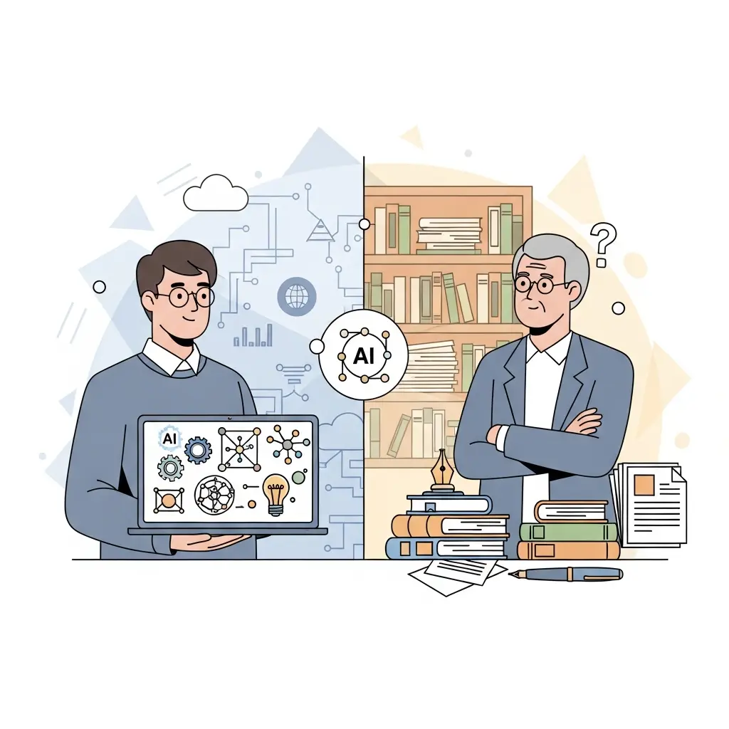 Ilustración que muestra la brecha generacional entre doctorandos y directores de tesis respecto al uso de inteligencia artificial en investigación académica