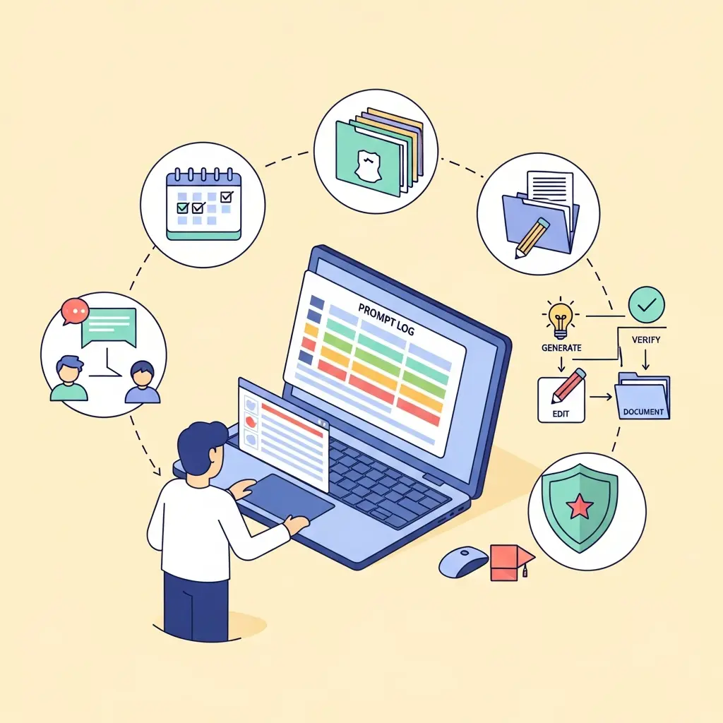 Sistema completo de documentación del uso de inteligencia artificial en tesis doctorales, mostrando registro de prompts, control de versiones, proceso de verificación y comunicación con el director de tesis
