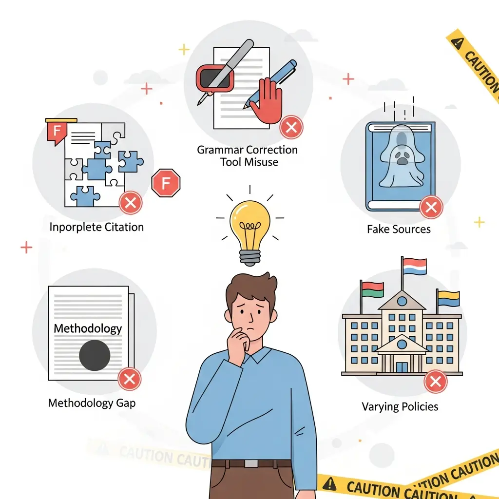 Ilustración de los 5 errores fatales más comunes al citar ChatGPT y otras IA en trabajos universitarios