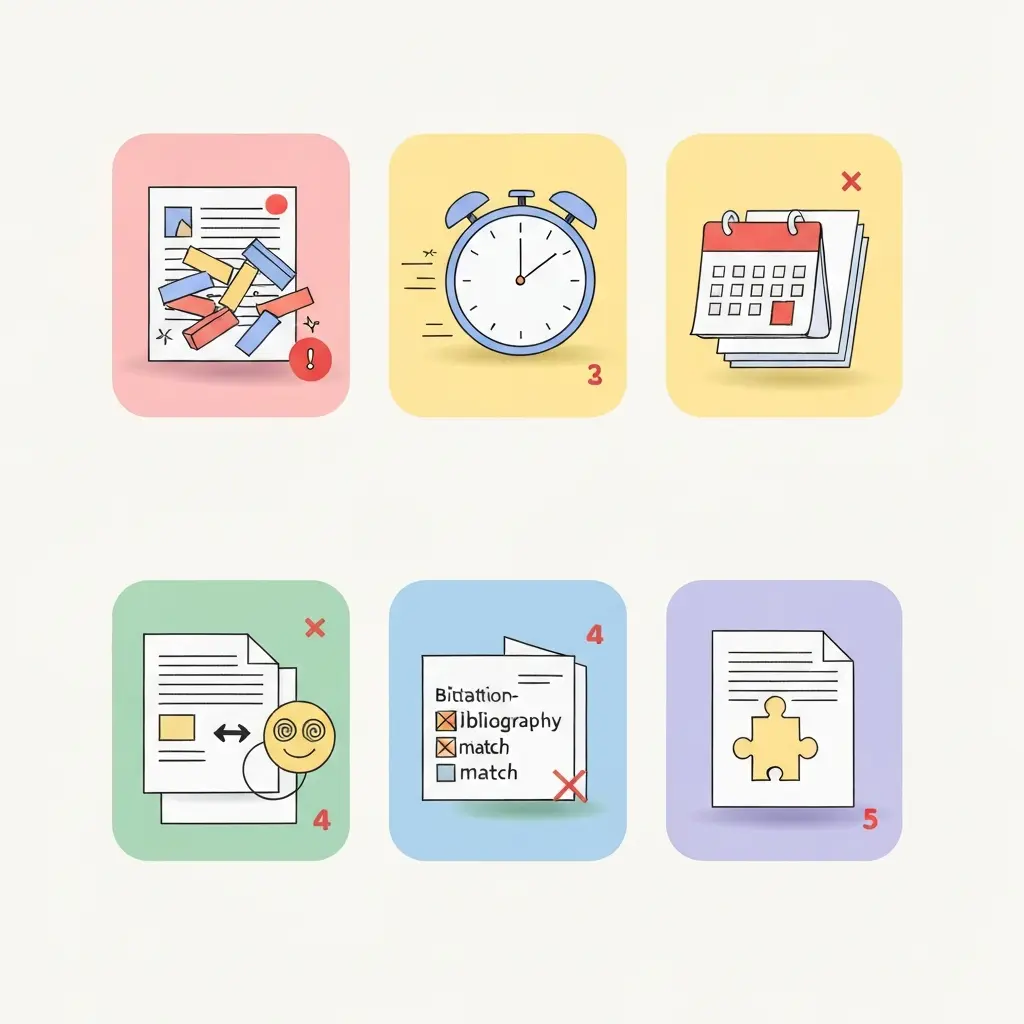 Ilustración con cinco errores comunes al organizar una tesis doctoral: desorden estructural, prisas de última hora, solapamiento entre capítulos, inconsistencias en citas y secciones faltantes, representados en tarjetas con iconos de advertencia