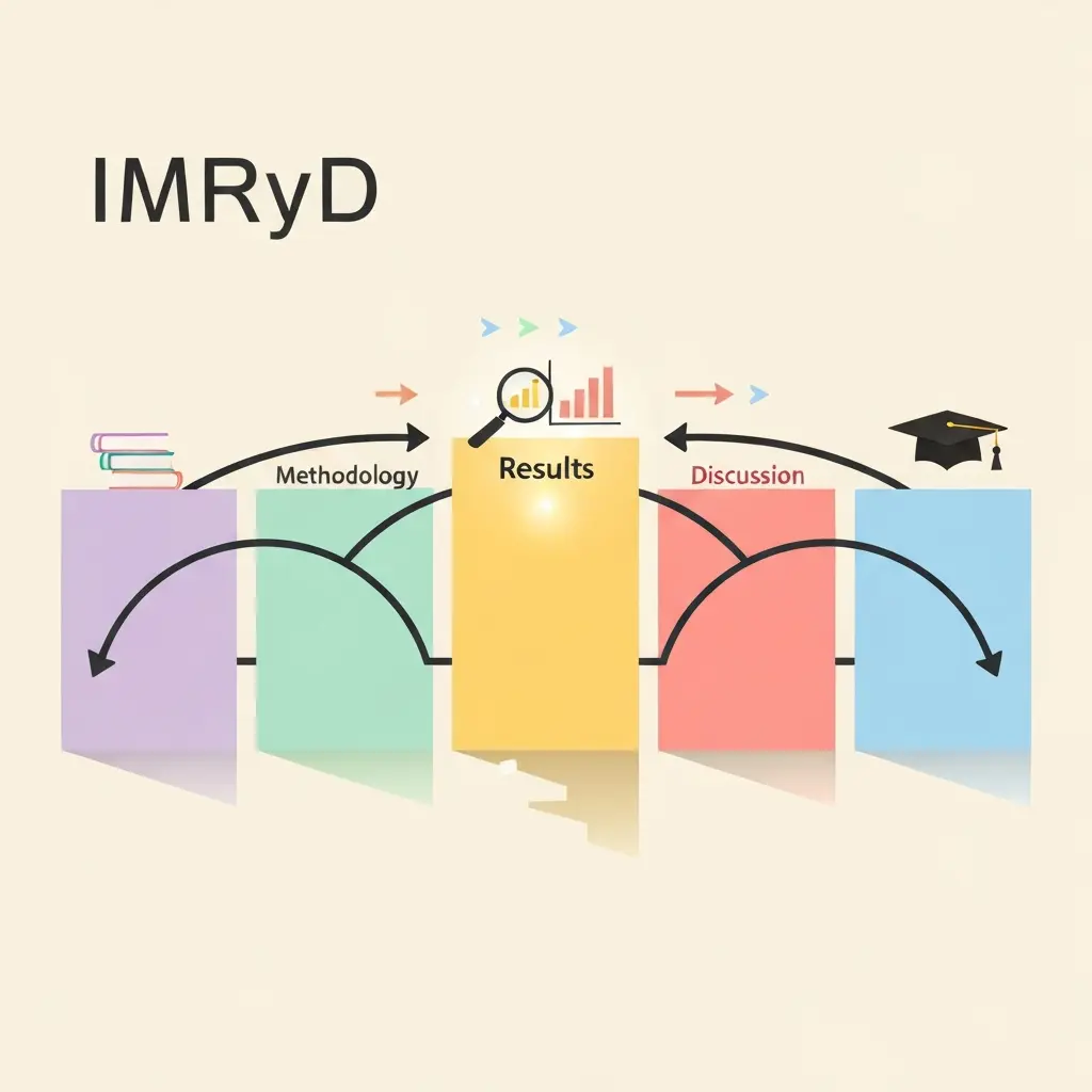 Diagrama visual de la estructura IMRyD de una tesis doctoral con el capítulo de Resultados destacado como pilar central que sostiene toda la investigación