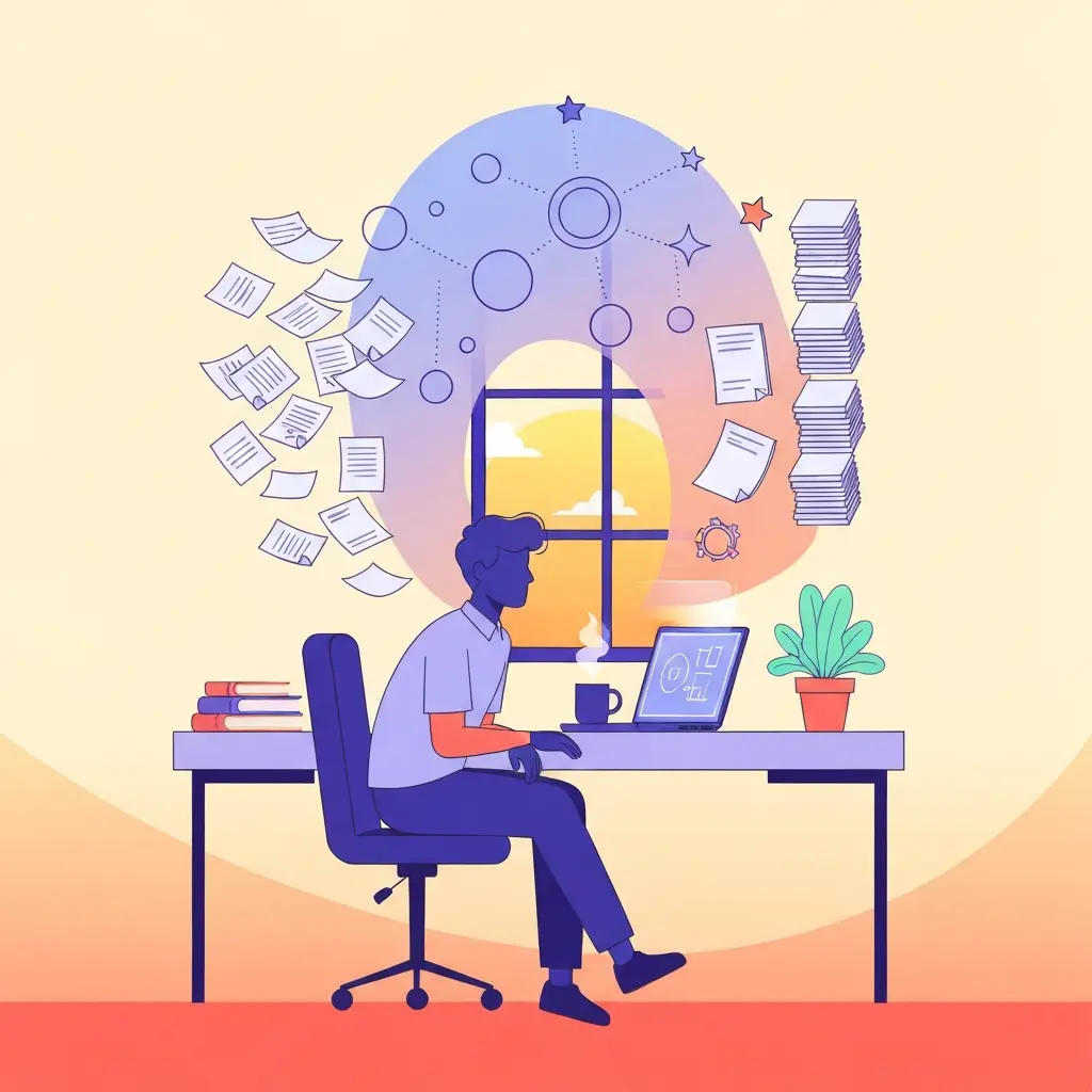 Estudiante universitario trabajando productivamente en su tesis con asistencia de inteligencia artificial, mostrando documentos organizándose automáticamente en un entorno de estudio iluminado y optimista