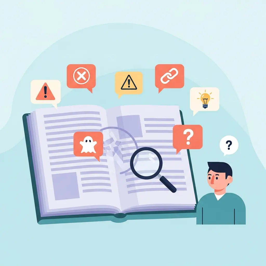 Ilustración de una tesis rodeada de siete burbujas con iconos de advertencia que representan los mitos más comunes sobre el plagio académico