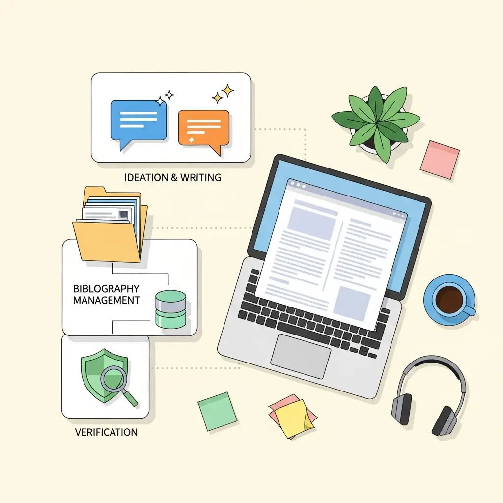 Ilustración de un escritorio académico con las herramientas IA esenciales para doctorandos organizadas en tres niveles: ideación, gestión bibliográfica y verificación