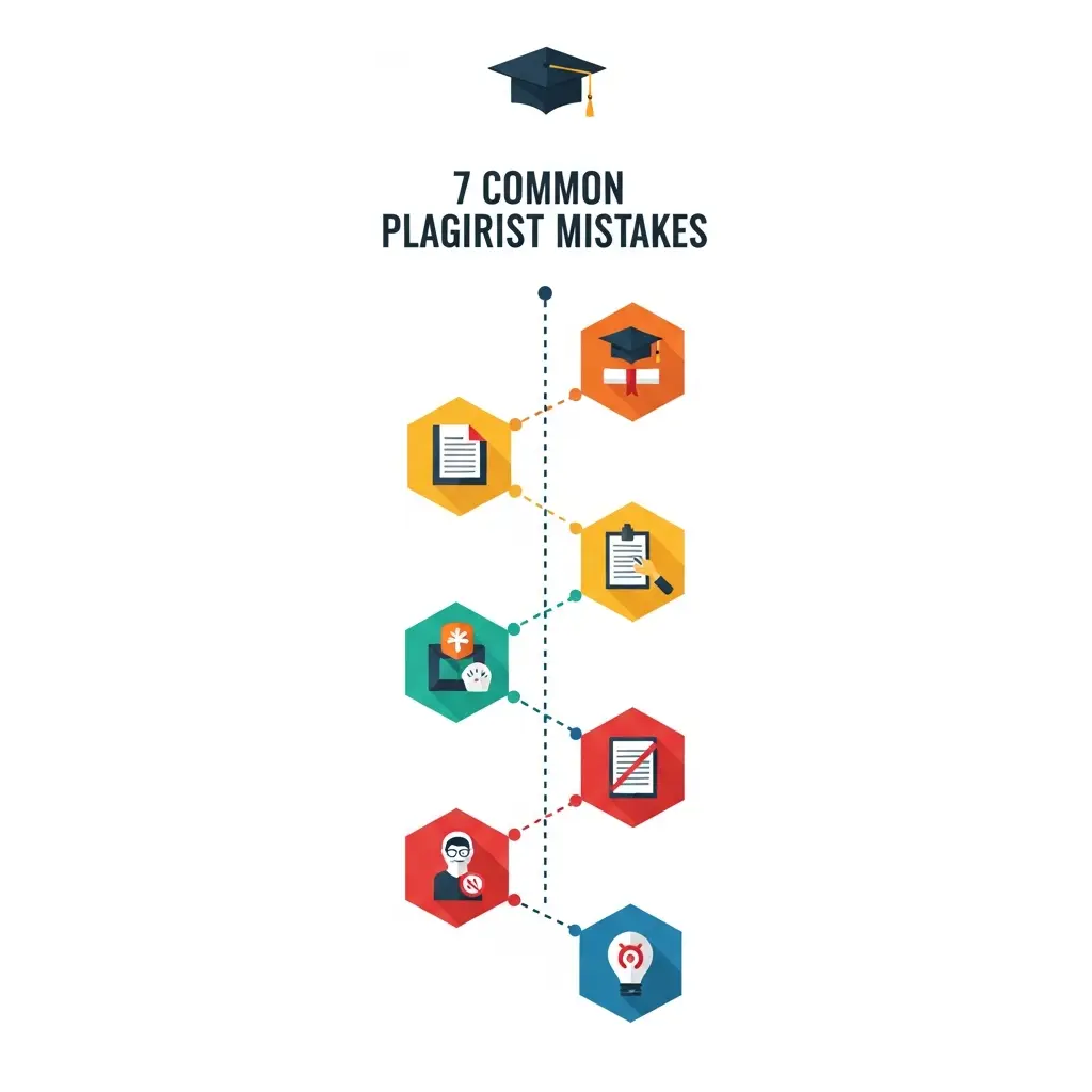 Infografía visual mostrando los 7 errores más comunes de plagio accidental en trabajos de fin de grado con iconos representativos de cada error