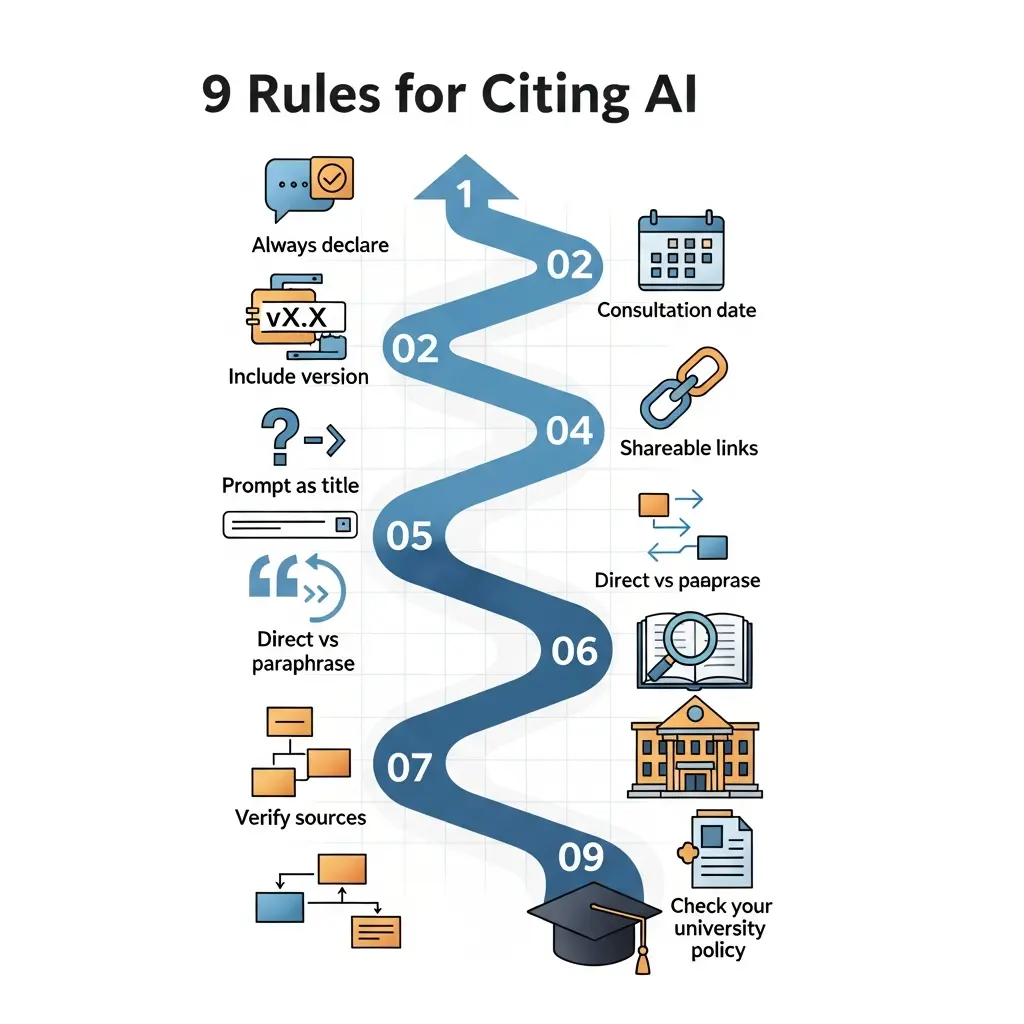 Infografía vertical con las 9 reglas esenciales para citar inteligencia artificial en trabajos universitarios